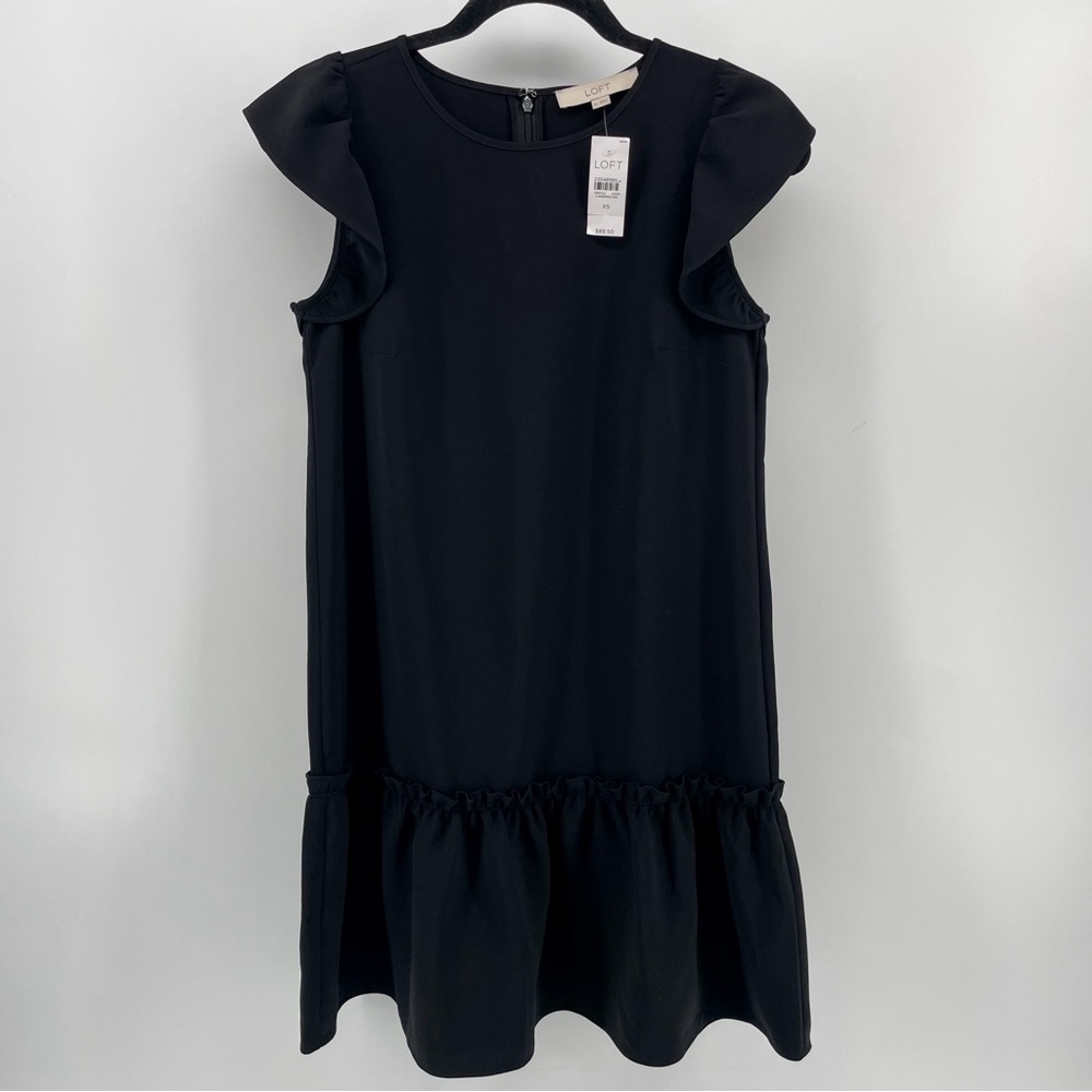 Loft Shift Dress Black Ruffle Flare Cap Sleeves XS New